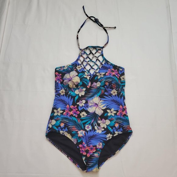 Tahiti Women's Blue/Multi One-Piece Lattice Front Halter Floral Swimsuit M(8-10) - Picture 6 of 14